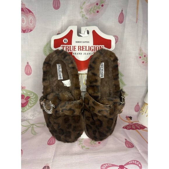 True Religion LEOPARD Slippers with Rhinestone Horseshoe, XL 9.5/10.5 - Picture 1 of 6